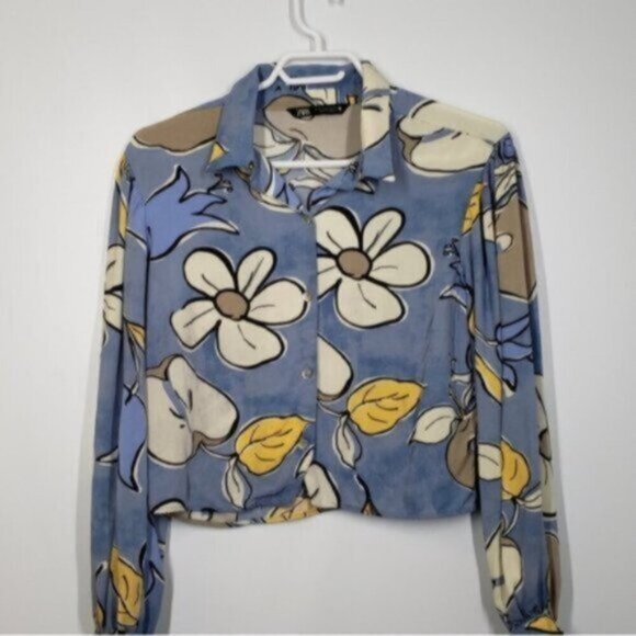 Zara Cropped Long Sleeve Floral Print Button up Top Size Medium Blue Whi… - Picture 2 of 12